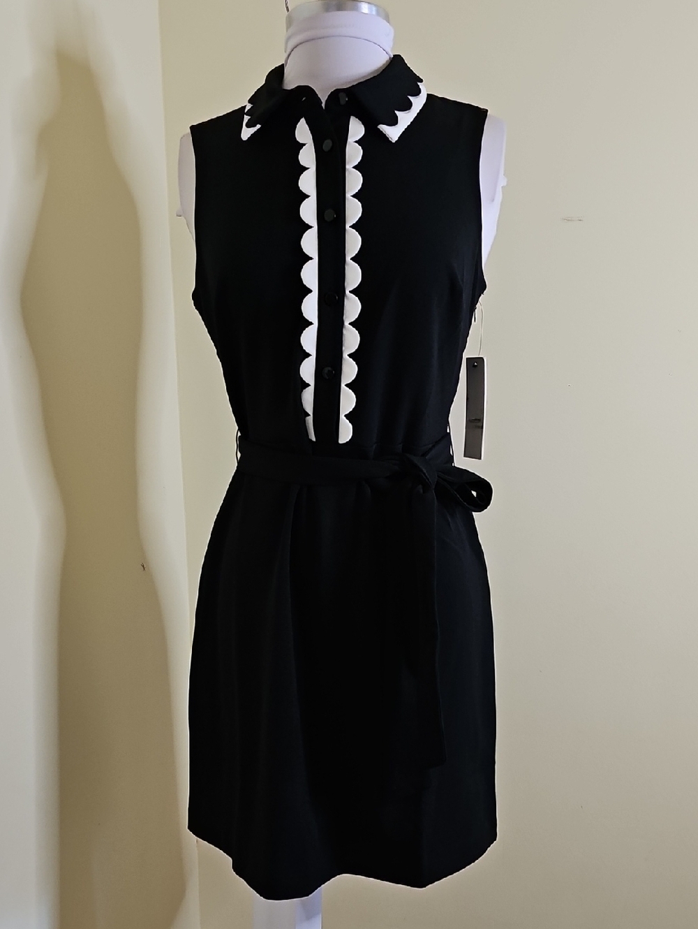 Sleeveless Black Mini Dress with White Scallop Trim